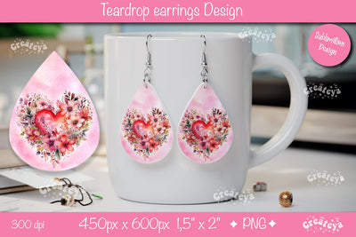 Flower teardrop earrings Valentine earring teardrop sublimation design Heart png Sublimation Createya Design 