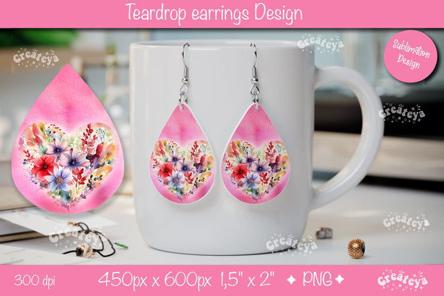 Flower teardrop earrings Valentine earring teardrop sublimation design Heart png Sublimation Createya Design 
