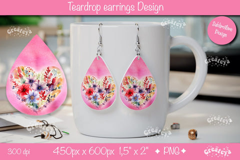 Flower teardrop earrings Valentine earring teardrop sublimation design Heart png Sublimation Createya Design 