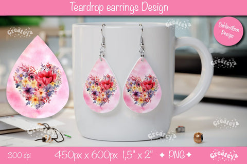 Flower teardrop earrings Valentine earring teardrop sublimation design Heart png Sublimation Createya Design 