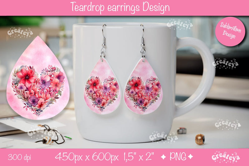 Flower teardrop earrings Valentine earring teardrop sublimation design Heart png Sublimation Createya Design 