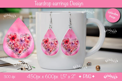 Flower teardrop earrings Valentine earring teardrop sublimation design Heart png Sublimation Createya Design 