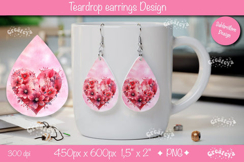 Flower teardrop earrings Valentine earring teardrop sublimation design Heart png Sublimation Createya Design 