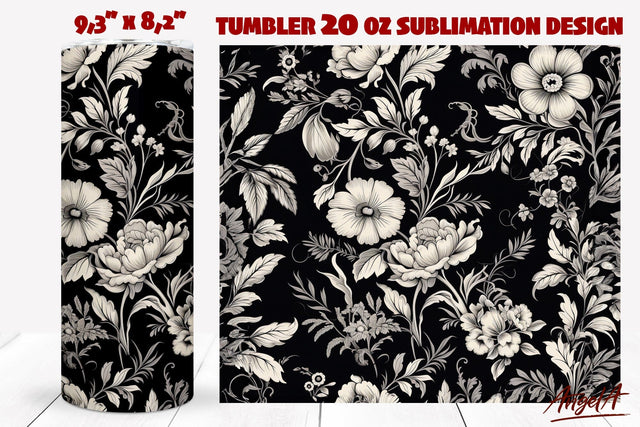 Flower tumbler wrap, black and white, retro floral pattern Sublimation Angelina Semenova 