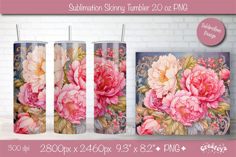 Flower Tumbler wrap png 20 Oz sublimation design Pink Peony watercolor Sublimation Createya Design 