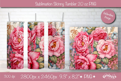 Flower Tumbler wrap png 20 Oz sublimation design Pink Peony watercolor Sublimation Createya Design 