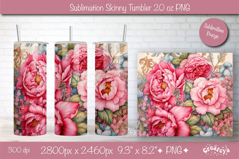 Flower Tumbler wrap png 20 Oz sublimation design Pink Peony watercolor Sublimation Createya Design 