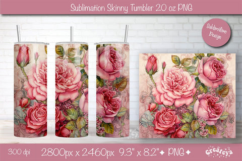 Flower Tumbler wrap png 20 Oz sublimation design Pink Peony watercolor Sublimation Createya Design 