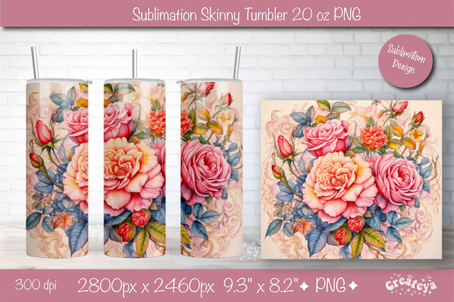Flower Tumbler wrap png 20 Oz sublimation design Pink Peony watercolor Sublimation Createya Design 