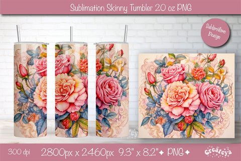Flower Tumbler wrap png 20 Oz sublimation design Pink Peony watercolor Sublimation Createya Design 