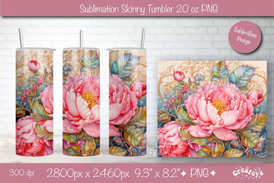 Flower Tumbler wrap png 20 Oz sublimation design Pink Peony watercolor Sublimation Createya Design 