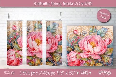 Flower Tumbler wrap png 20 Oz sublimation design Pink Peony watercolor Sublimation Createya Design 