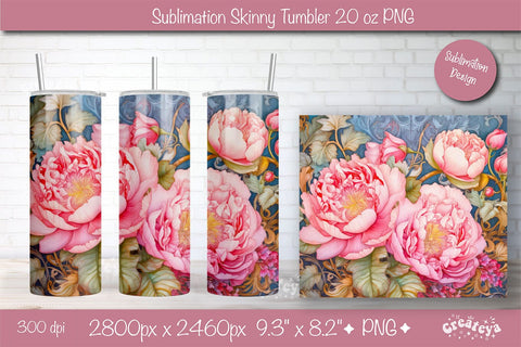 Flower Tumbler wrap png 20 Oz sublimation design Pink Peony watercolor Sublimation Createya Design 