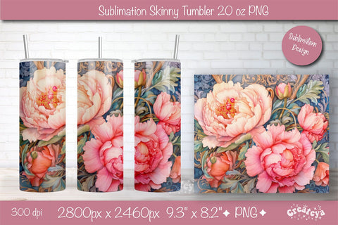 Flower Tumbler wrap png 20 Oz sublimation design Pink Peony watercolor Sublimation Createya Design 