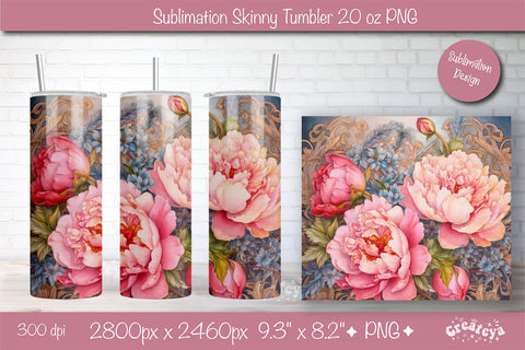 Flower Tumbler wrap png 20 Oz sublimation design Pink Peony watercolor Sublimation Createya Design 