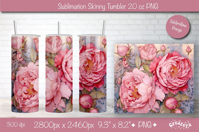 Flower Tumbler wrap png 20 Oz sublimation design Pink Peony watercolor Sublimation Createya Design 