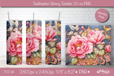 Flower Tumbler wrap png 20 Oz sublimation design Pink Peony watercolor Sublimation Createya Design 