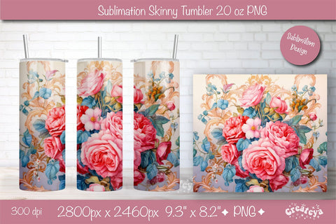 Flower Tumbler wrap png 20 Oz sublimation design Pink Peony watercolor Sublimation Createya Design 