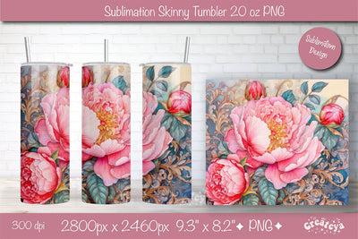 Flower Tumbler wrap png 20 Oz sublimation design Pink Peony watercolor Sublimation Createya Design 