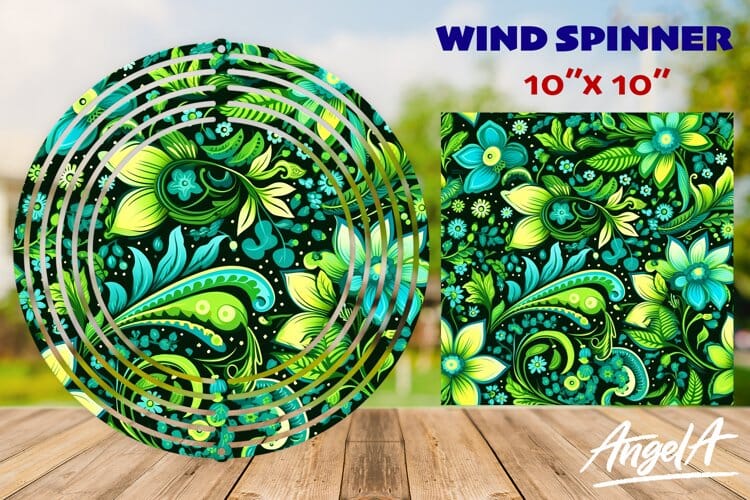 Flower wind spinner, leaves flowers green paisley pattern Sublimation Angelina Semenova 