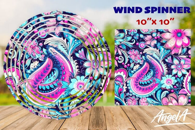 Flower wind spinner, retro pink blue floral paisley pattern Sublimation Angelina Semenova 