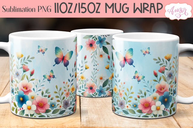 Flowers and butterflies mug wrap PNG for sublimation Sublimation Amorclipart 