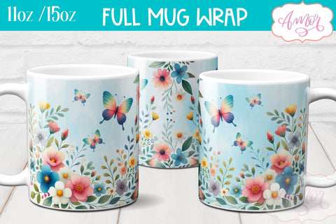 Flowers and butterflies mug wrap PNG for sublimation Sublimation Amorclipart 