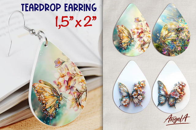 Flowers and Butterfly earrings Teardrop sublimation PNG Sublimation Angelina Semenova 