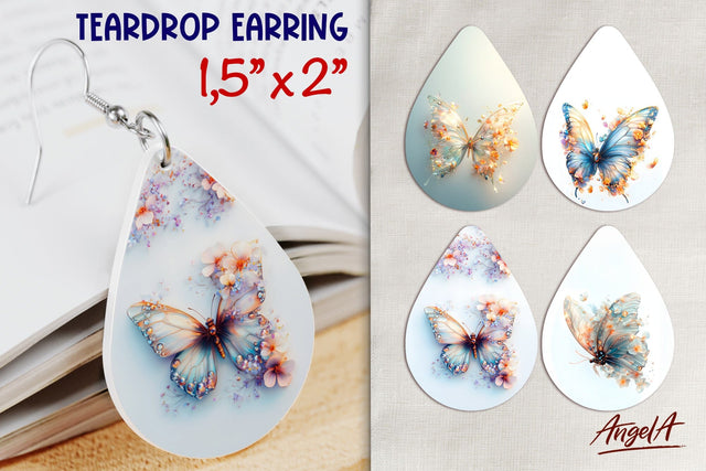 Flowers and Butterfly earrings Teardrop sublimation PNG Sublimation Angelina Semenova 