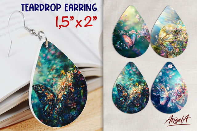 Flowers and Butterfly earrings Teardrop sublimation PNG Sublimation Angelina Semenova 