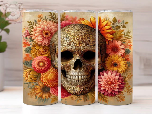 Flowers and Golden Sugar Skull 20oz Tumbler Png, Straight & Tapered Tumbler Png, Golden Skull Tumbler Png, Digital Download PNG Sublimation Lara' s Designs 