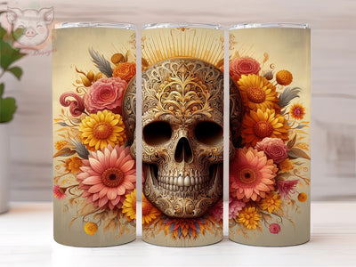 Flowers and Golden Sugar Skull 20oz Tumbler Png, Straight & Tapered Tumbler Png, Golden Skull Tumbler Png, Digital Download PNG Sublimation Lara' s Designs 