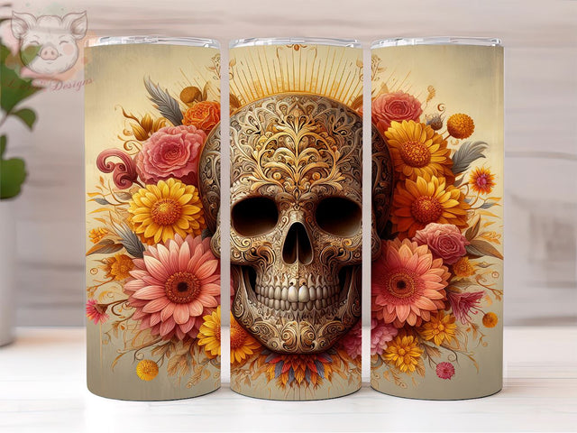 Flowers and Golden Sugar Skull 20oz Tumbler Png, Straight & Tapered Tumbler Png, Golden Skull Tumbler Png, Digital Download PNG Sublimation Lara' s Designs 