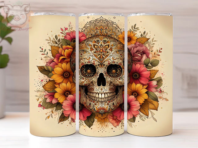 Flowers and Golden Sugar Skull 20oz Tumbler Png, Straight & Tapered Tumbler Png, Golden Skull Tumbler Png, Digital Download PNG Sublimation Lara' s Designs 