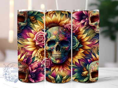 Flowers And Skulls 20oz Skinny Tumbler, Day Of The Dead Tumbler Png, Straight & Tapered Tumbler Wrap, Instant Digital Download Sublimation ToriDesigns 