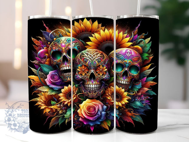 Flowers And Skulls 20oz Skinny Tumbler, Day Of The Dead Tumbler Png, Straight & Tapered Tumbler Wrap, Instant Digital Download Sublimation ToriDesigns 