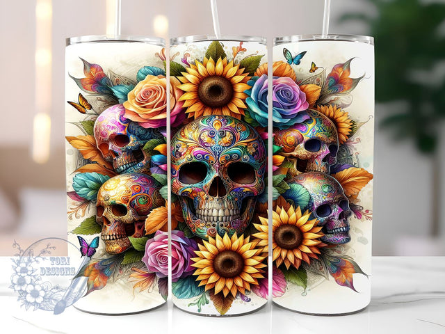 Flowers And Skulls 20oz Skinny Tumbler, Day Of The Dead Tumbler Png, Straight & Tapered Tumbler Wrap, Instant Digital Download Sublimation ToriDesigns 
