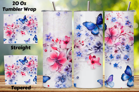 Flowers & Blue Butterflies 20 oz Skinny Tumbler Wrap, 3D Flowers & Blue Butterflies 20 oz Skinny Tumbler Wrap-3D Sublimation FloridPrintables 