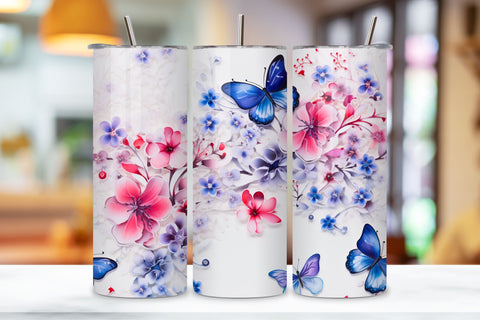 Flowers & Blue Butterflies 20 oz Skinny Tumbler Wrap, 3D Flowers & Blue Butterflies 20 oz Skinny Tumbler Wrap-3D Sublimation FloridPrintables 