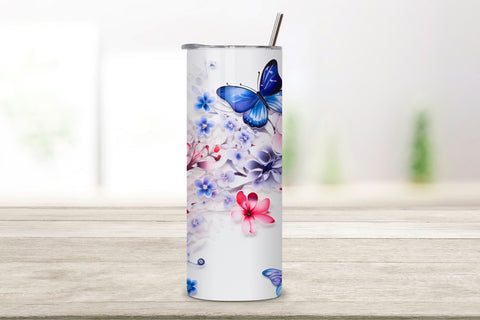 Flowers & Blue Butterflies 20 oz Skinny Tumbler Wrap, 3D Flowers & Blue Butterflies 20 oz Skinny Tumbler Wrap-3D Sublimation FloridPrintables 