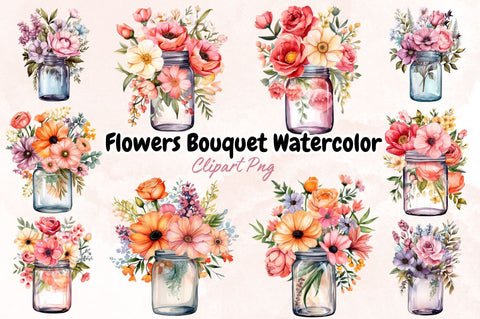 Flowers Bouquet Watercolor Clipart Bundle Sublimation Designangry 