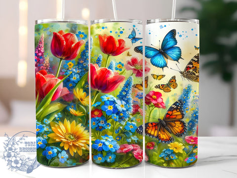 Flowers Butterfly 20oz Skinny Tumbler, Butterfly Tumbler Png, Straight & Tapered Tumbler Wrap, Instant Digital Download Sublimation ToriDesigns 