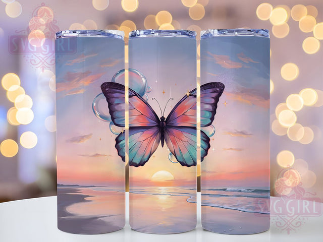 Flowers Butterfly Rainbow 20oz Tumbler, Iridescent Wings, Rainbow Gradient, Surreal Painting, Majestic Design, Skinny Tumbler, Sublimation PNG Sublimation SvggirlplusArt 