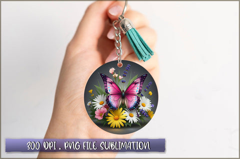 Flowers Butterfly Round Keychain PNG Sublimation Shetara Begum 