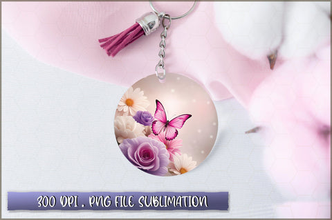 Flowers Butterfly Round Keychain PNG Sublimation Shetara Begum 