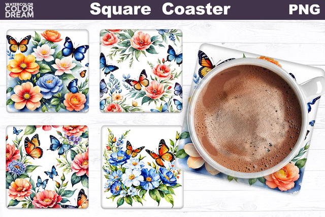 Flowers Butterfly Square Coaster | Floral Square Coaster Sublimation WatercolorColorDream 