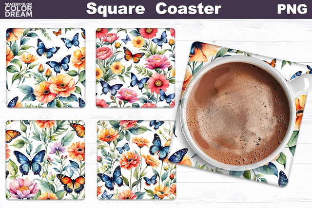 Flowers Butterfly Square Coaster | Floral Square Coaster Sublimation WatercolorColorDream 