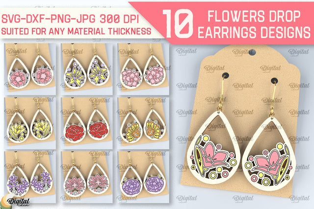 Flowers Earrings Laser Cut Bundle. Teardrop Earrings SVG SVG Evgenyia Guschina 