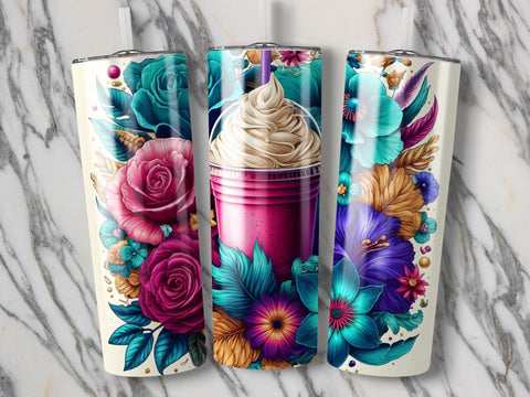 Flowers & Frappe Tumbler wrap sublimation PNG Sublimation Luvleigh Digitals 