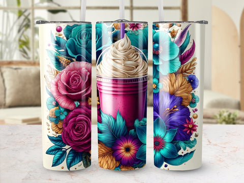 Flowers & Frappe Tumbler wrap sublimation PNG Sublimation Luvleigh Digitals 